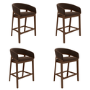 Set of 4 Walnut & Chocolate Brown Velvet Curved Kitchen Stools with Back - Owen