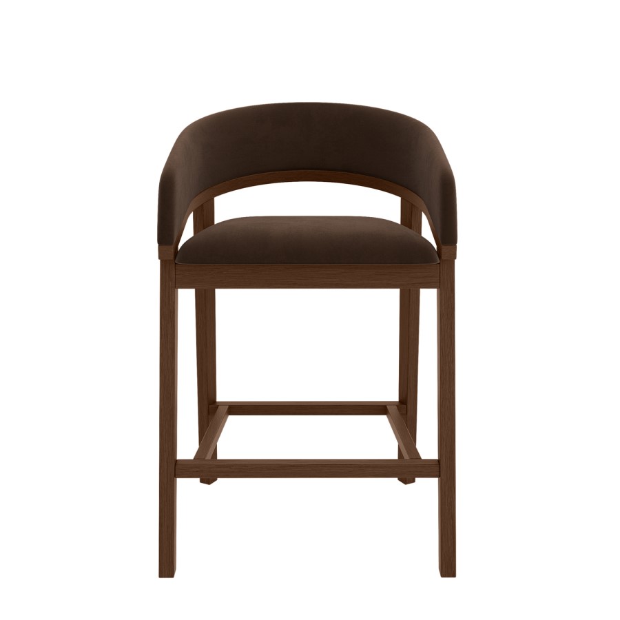 Walnut & Chocolate Brown Velvet Curved Kitchen Stool with Back - Owen