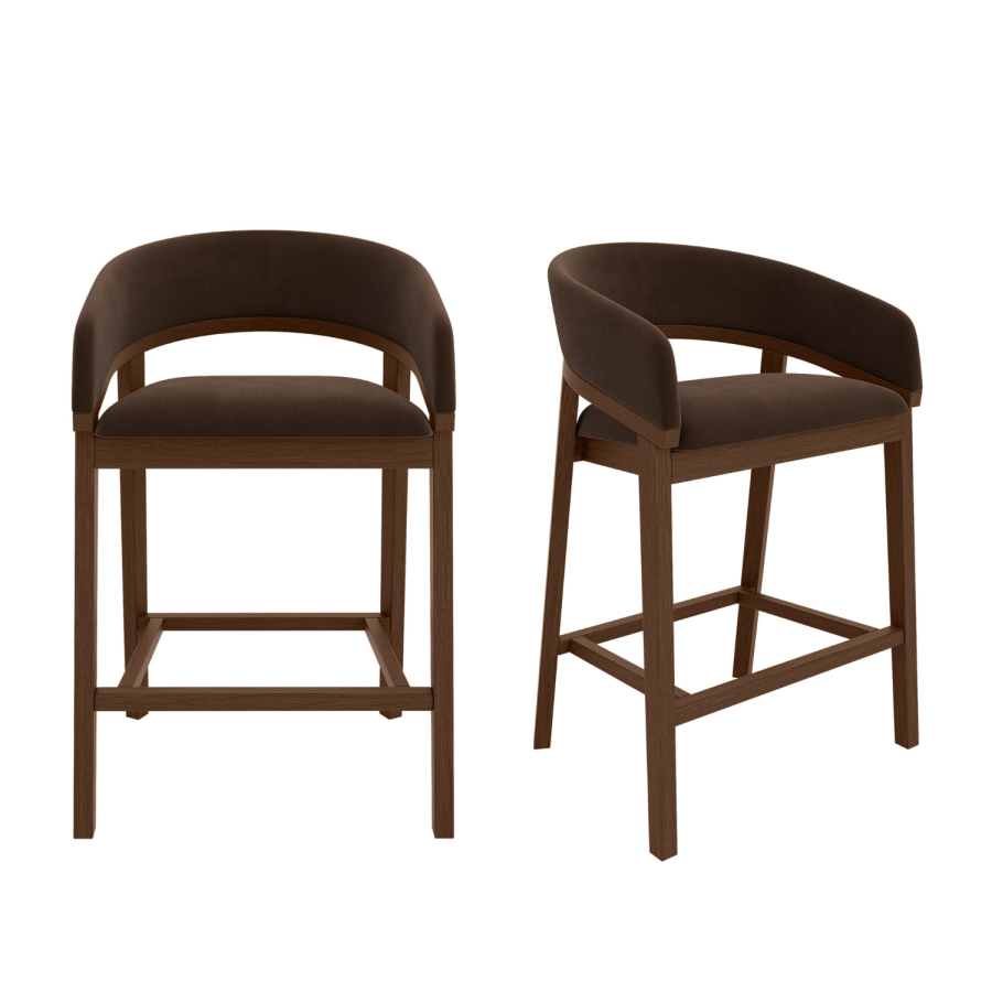 Walnut & Chocolate Brown Velvet Curved Kitchen Stool with Back - Owen