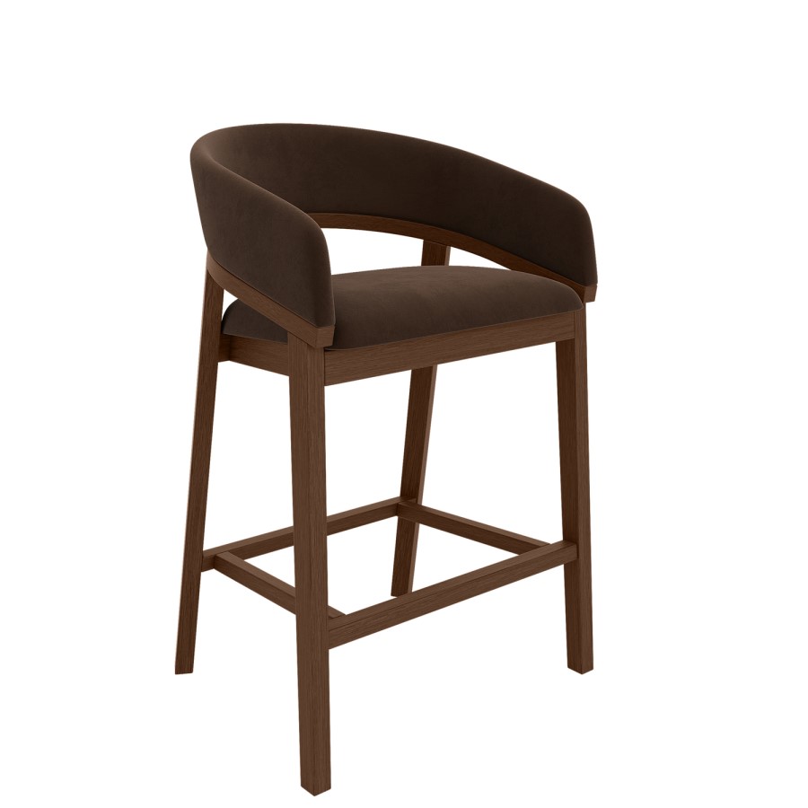 Walnut & Chocolate Brown Velvet Curved Kitchen Stool with Back - Owen