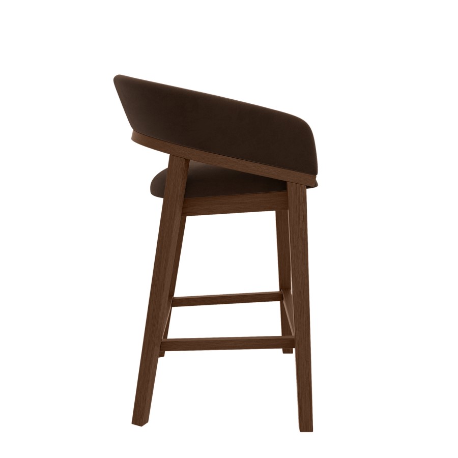 Walnut & Chocolate Brown Velvet Curved Kitchen Stool with Back - Owen