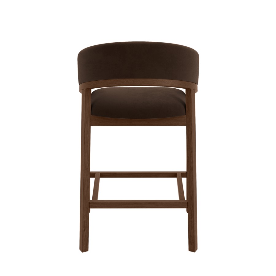 Walnut & Chocolate Brown Velvet Curved Kitchen Stool with Back - Owen