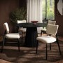 Round Black Pedestal Dining Table Set with 4 Beige Fabric Curved Back Dining Chairs - Owen