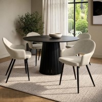 Round Black Dining Table Set with 4 Beige Upholstered Dining Chairs - Seats 4 - Owen