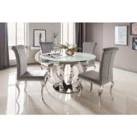 Orion Round Dining Mirrored Table with 4 Velvet Dining Chairs in Silver