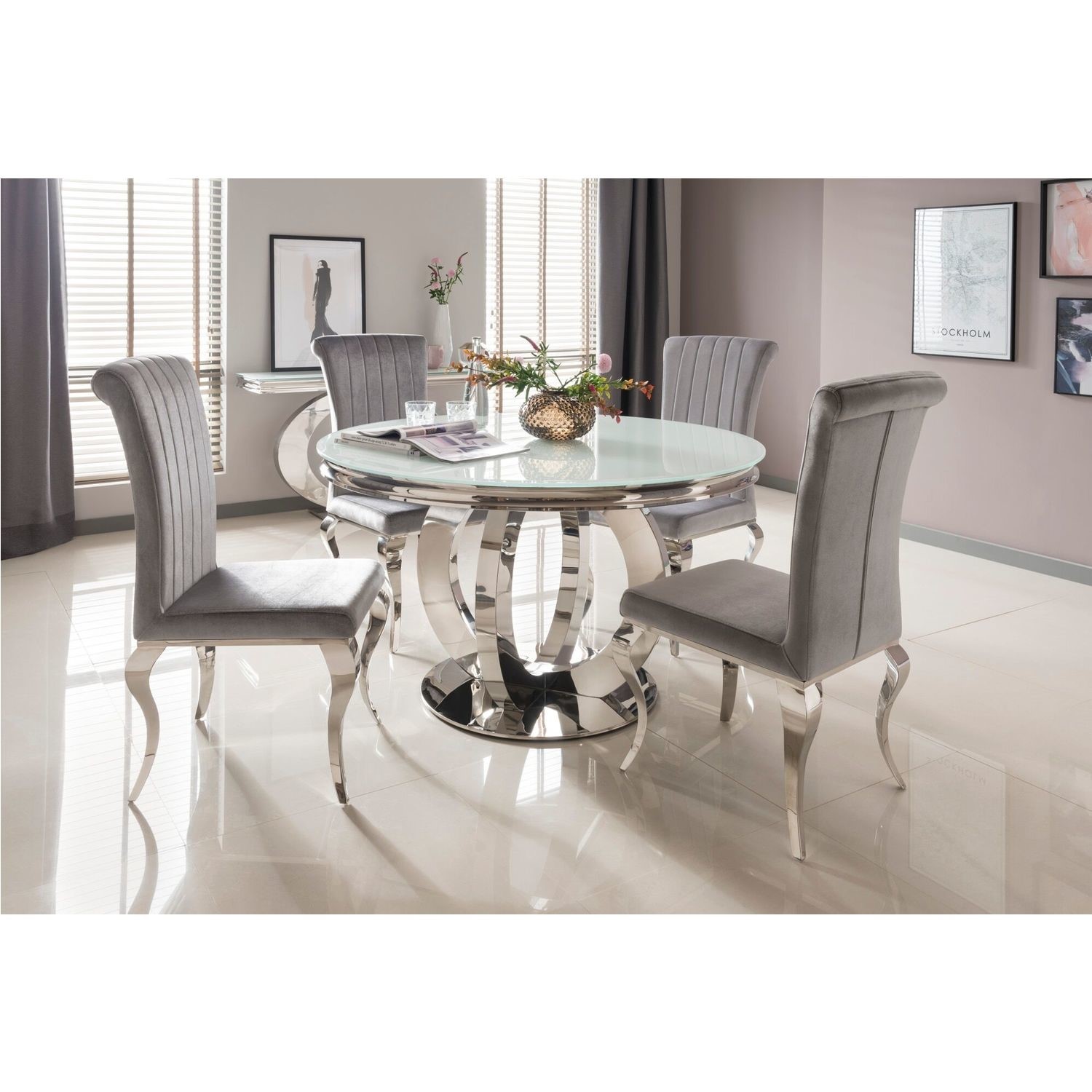 Orion Round Dining Mirrored Table With 4 Velvet Dining Chairs In Silver Furniture123 Orion Round Dining Mirrored Table With 4 Velvet Dining Chairs In Silver Furniture123