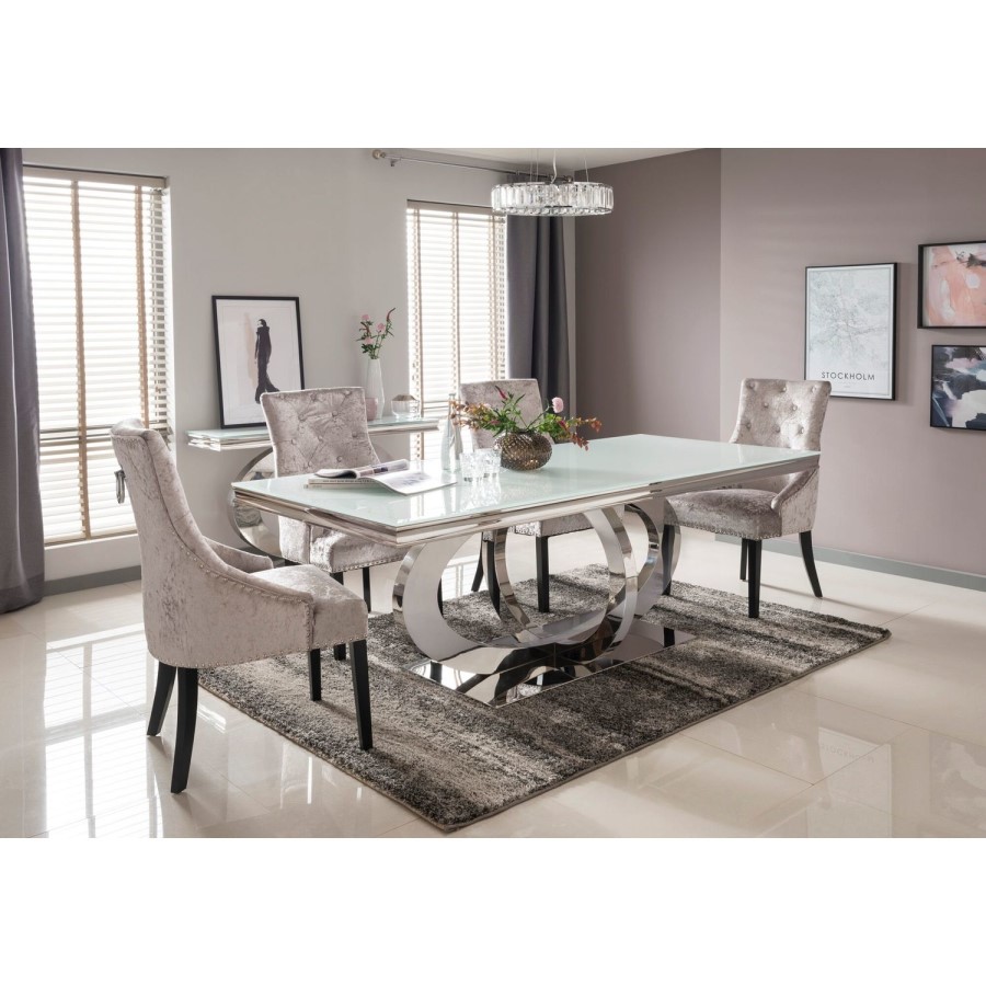 Orion Mirrored Rectangle 180cm Dining Table with 4 Crushed Velvet Dining Chairs in Silver