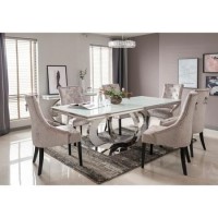 Orion White Mirrored Dining Table 220cm with 6 Crushed Velvet Chairs in Silver
