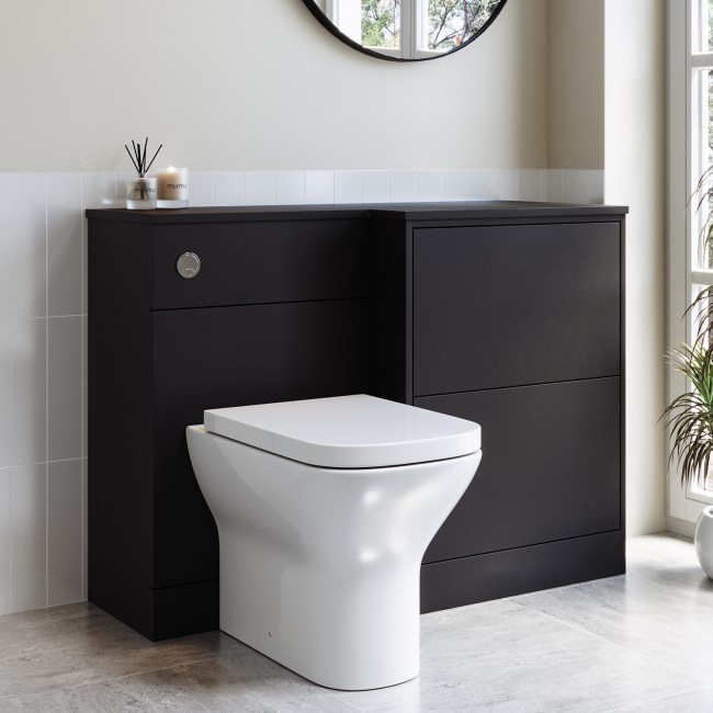 1100mm Black Right Hand Toilet and Sink Unit with Square Toilet and Chrome Push Button - Palma