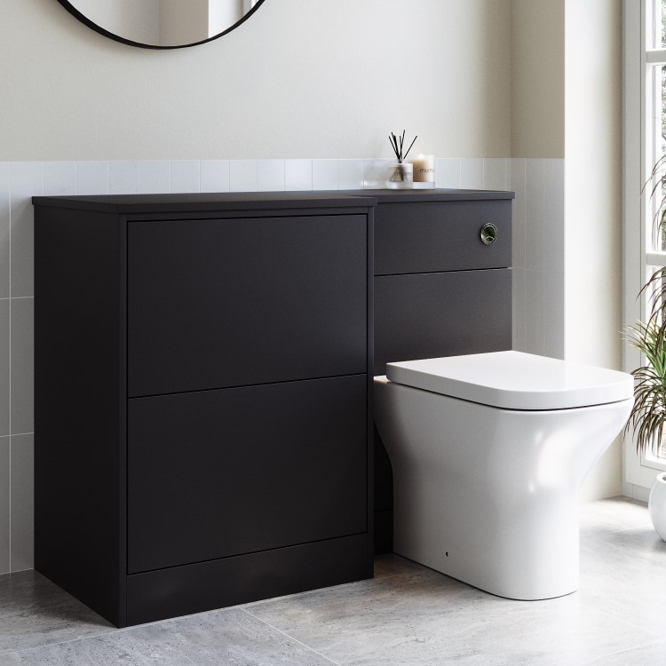 1100mm Black Left Hand Toilet and Sink Unit with Square Toilet and Chrome Push Button - Palma