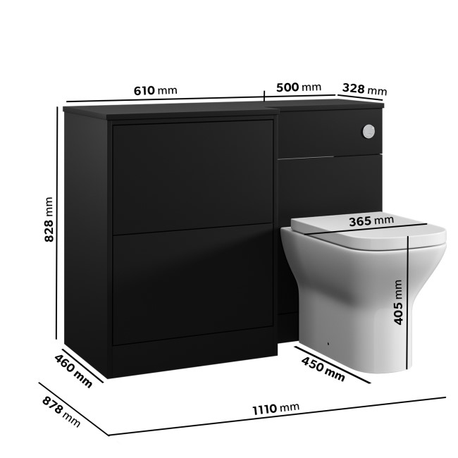 1100mm Black Left Hand Toilet and Sink Unit with Square Toilet and Chrome Push Button - Palma