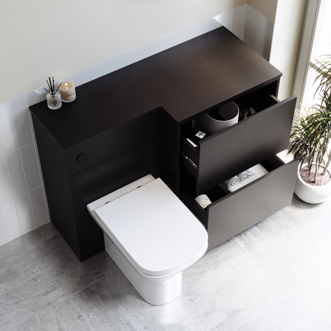 1100mm Black Right Hand Toilet and Sink Unit with Square Toilet and Matt Black Push Button - Palma