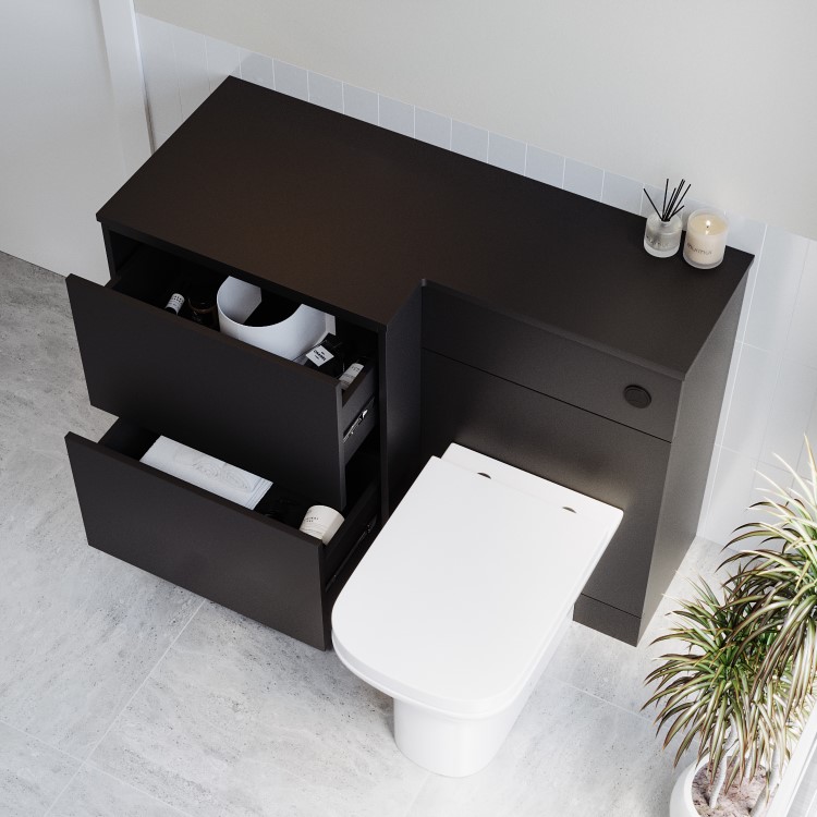 1100mm Black Left Hand Toilet and Sink Unit with Square Toilet and Matt Black Push Button - Palma