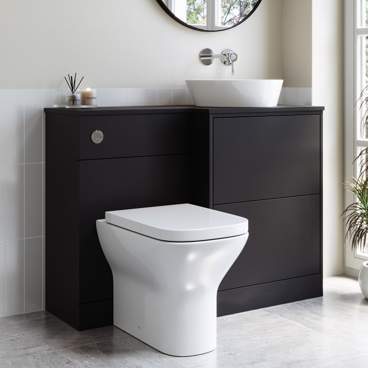 1100mm Black Right Hand Toilet and Sink Unit with Triangular Countertop Basin and Chrome Push Button - Palma