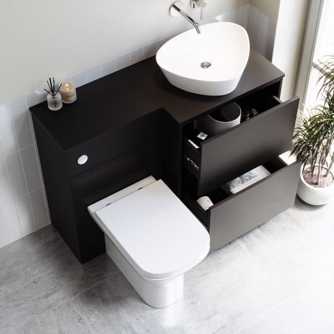 1100mm Black Right Hand Toilet and Sink Unit with Triangular Countertop Basin and Chrome Push Button - Palma