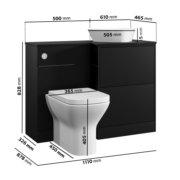 1100mm Black Right Hand Toilet and Sink Unit with Triangular Countertop Basin and Chrome Push Button - Palma