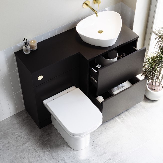 1100mm Black Right Hand Toilet and Sink Unit with Triangular Countertop Basin and Brass Fittings - Palma