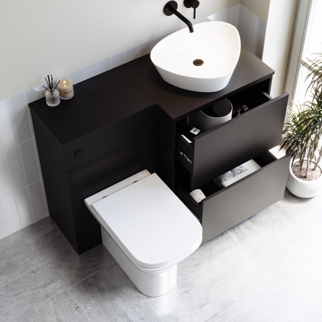 1100mm Black Right Hand Toilet and Sink Unit with Triangular Countertop Basin and Matt Black Push Button - Palma