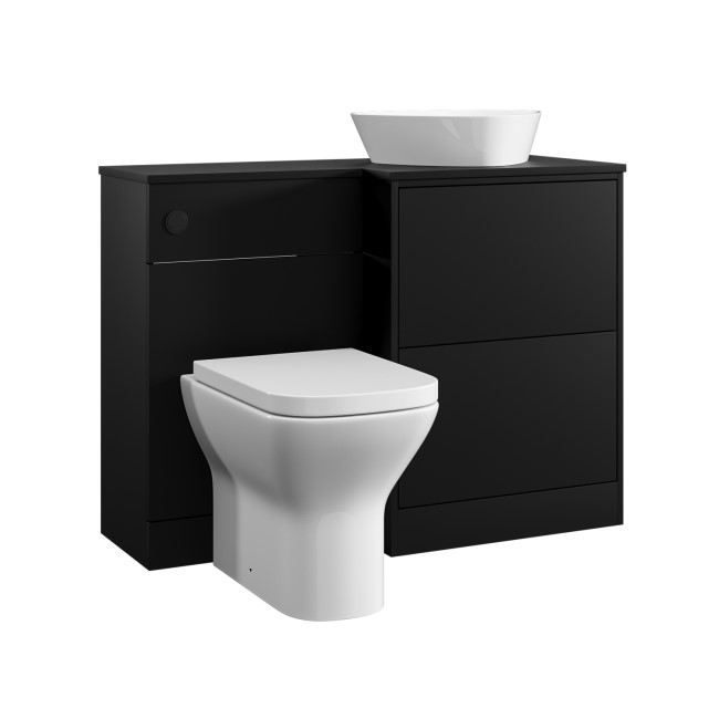 1100mm Black Right Hand Toilet and Sink Unit with Triangular Countertop Basin and Matt Black Push Button - Palma