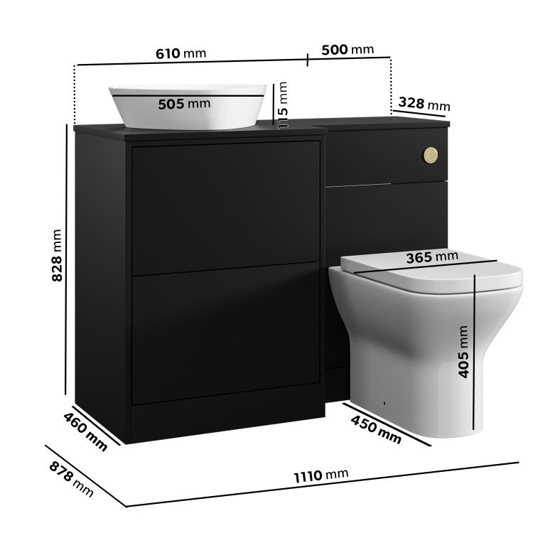 1100mm Black Left Hand Toilet and Sink Unit with Triangular Countertop Basin and Brushed Brass Push Button - Palma