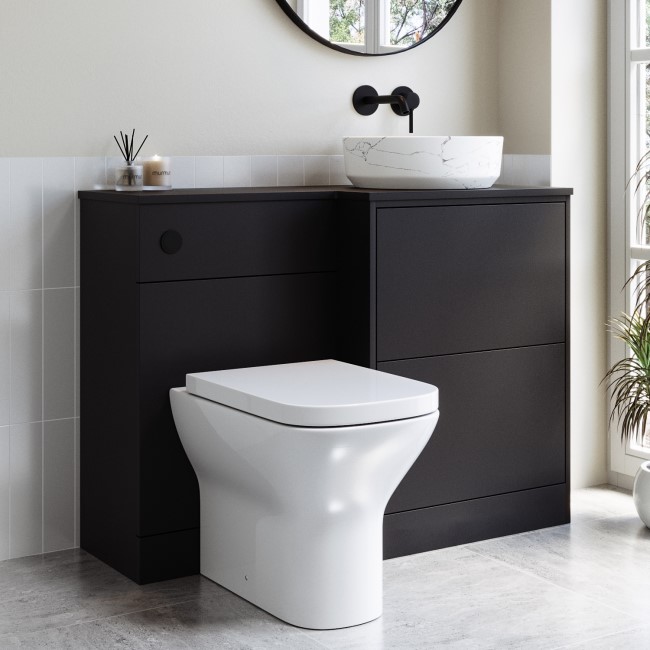 1100mm Black Combination Unit Right Hand with Palma Toilet, Marble basin  and Matt Black Push Button- Palma