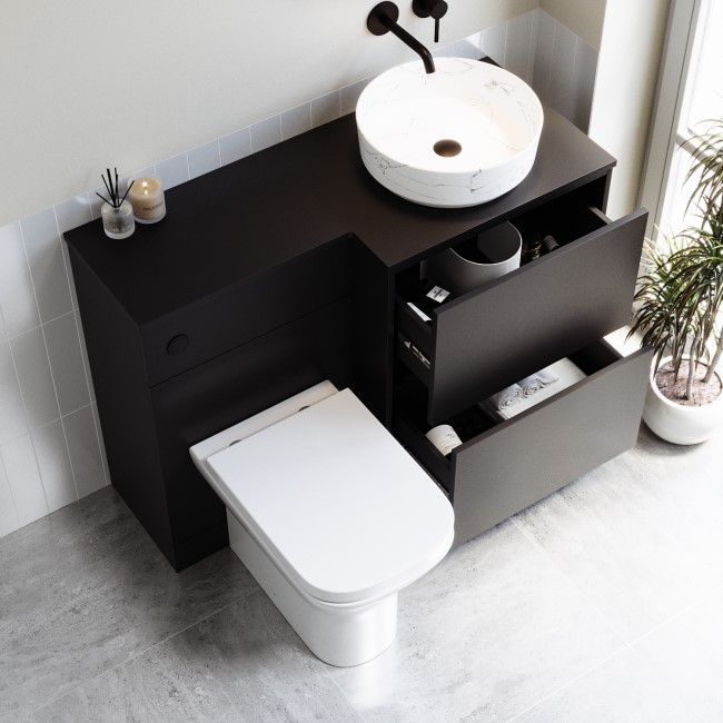 1100mm Black Combination Unit Right Hand with Palma Toilet, Marble basin  and Matt Black Push Button- Palma