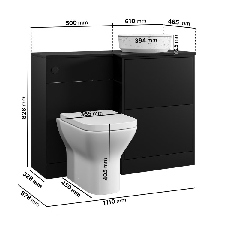 1100mm Black Combination Unit Right Hand with Palma Toilet, Marble basin  and Matt Black Push Button- Palma