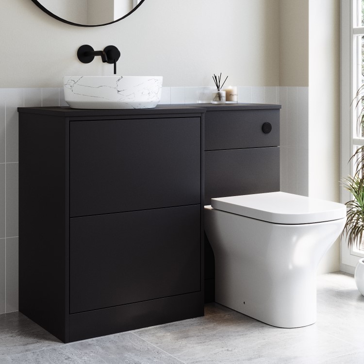 1100mm Black Combination Unit Left Hand with Palma Toilet, Marble basin  and matt black push button- Palma