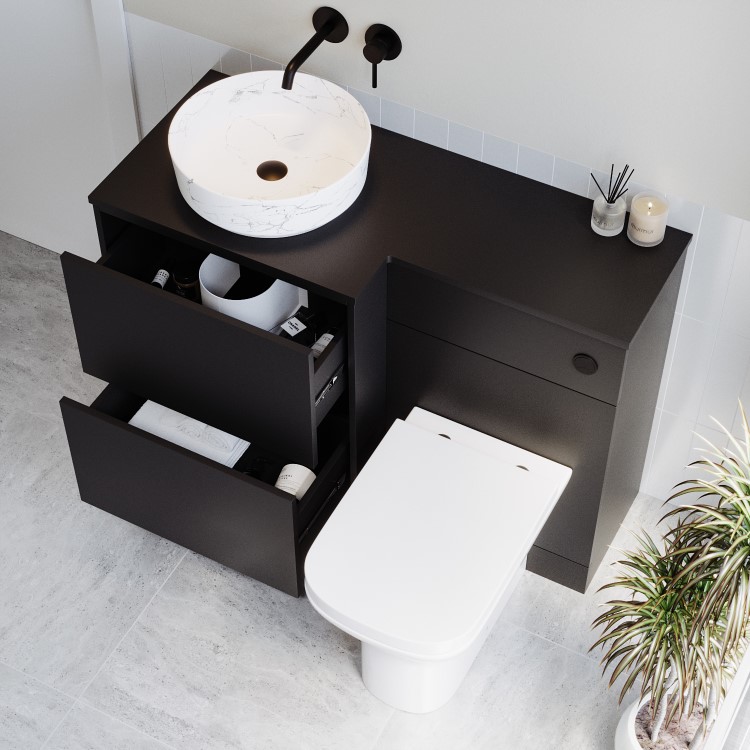 1100mm Black Combination Unit Left Hand with Palma Toilet, Marble basin  and matt black push button- Palma