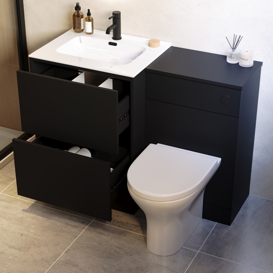1100mm Black Toilet and Sink Unit with Round Toilet and Matt Black Push Button - Palma
