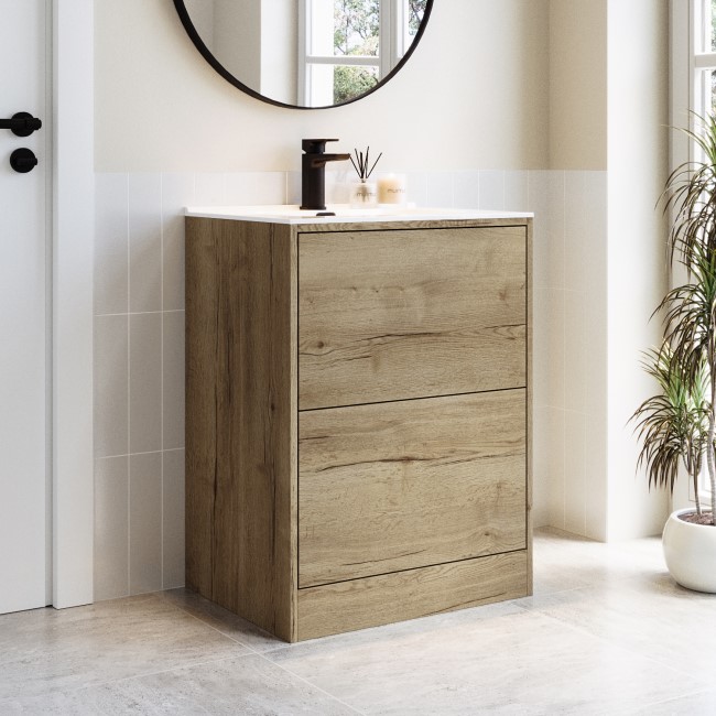 Grade A1 - 600mm Wood Effect Freestanding Vanity Unit with Basin – Palma