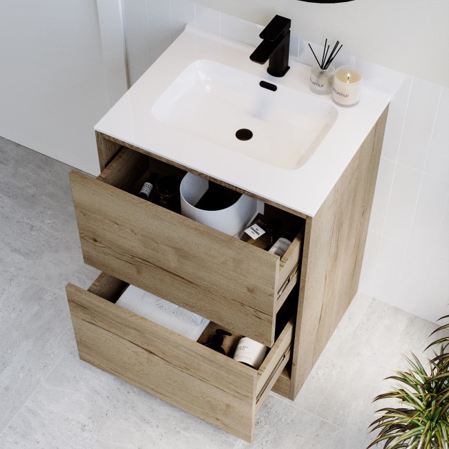 Grade A1 - 600mm Wood Effect Freestanding Vanity Unit with Basin – Palma