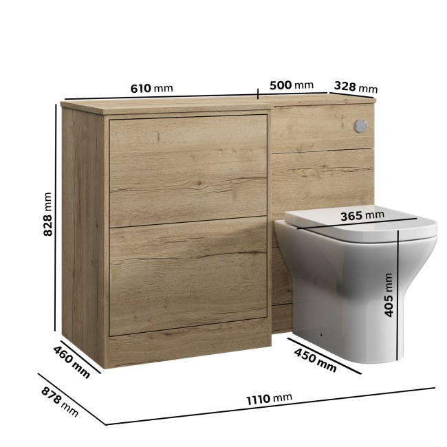 1100mm Wood Effect Toilet and Sink Unit Left Hand with Square Toilet and Chrome Fittings - Palma