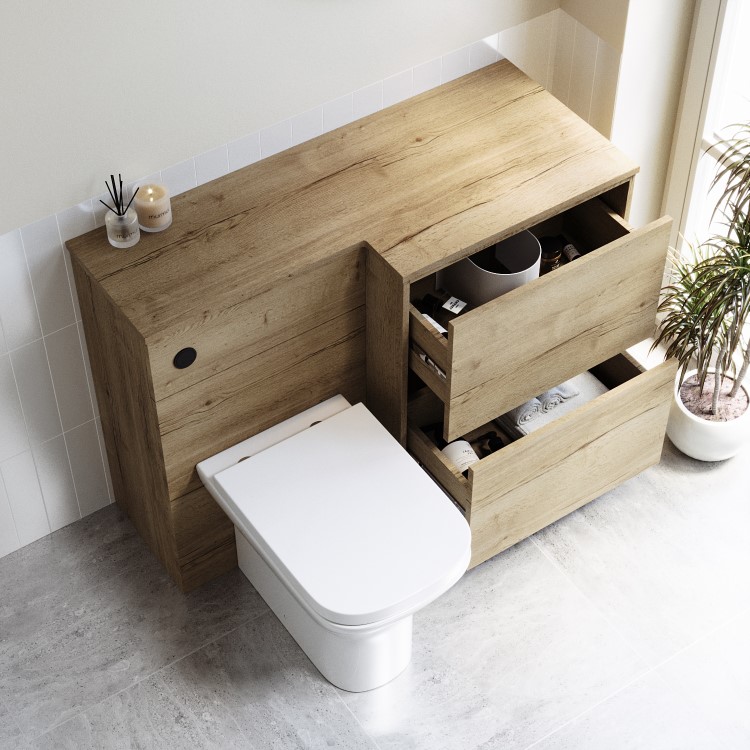 1100mm Wood Effect Right Hand Toilet and Sink Unit with Square Toilet and Matt Black Push Button - Palma