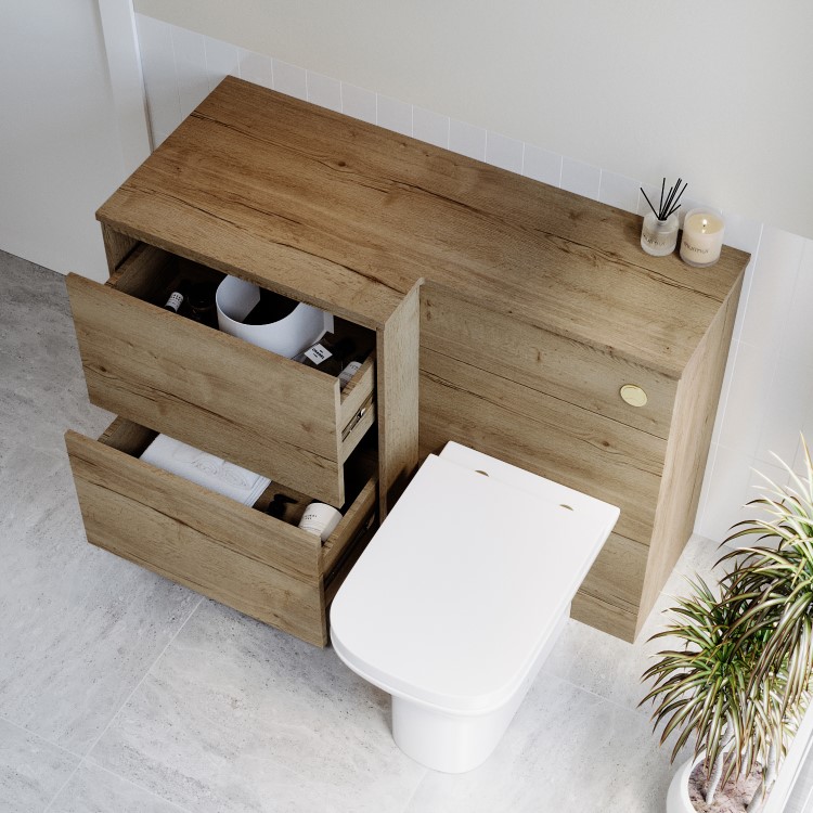 1100mm Wood Effect Left Hand Toilet and Sink Unit with Square Toilet and Brushed Brass Push Button- Palma