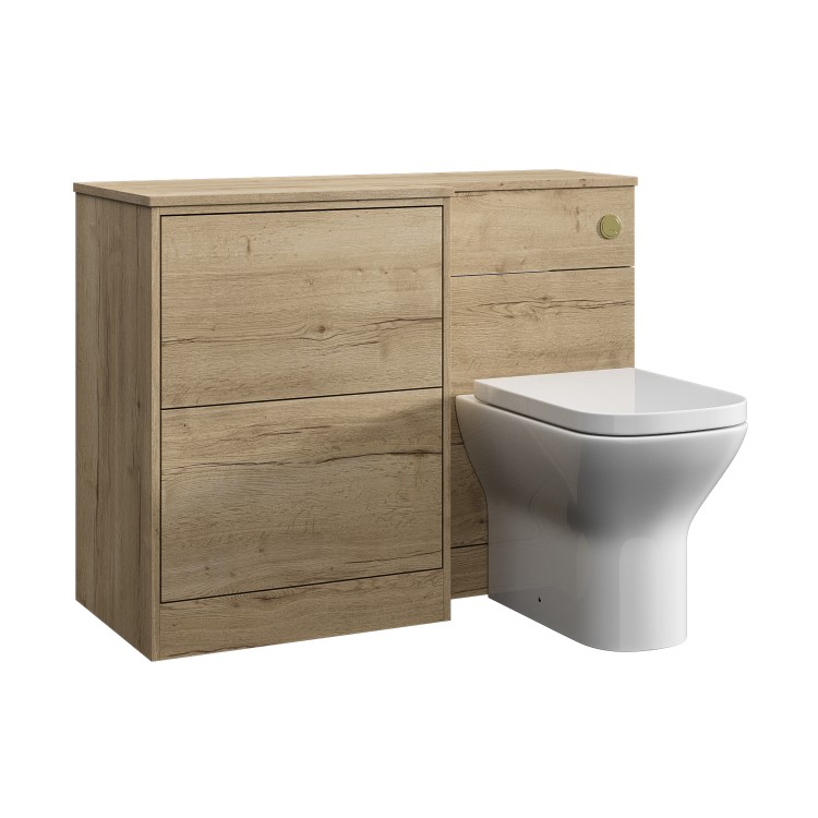 1100mm Wood Effect Left Hand Toilet and Sink Unit with Square Toilet and Brushed Brass Push Button- Palma