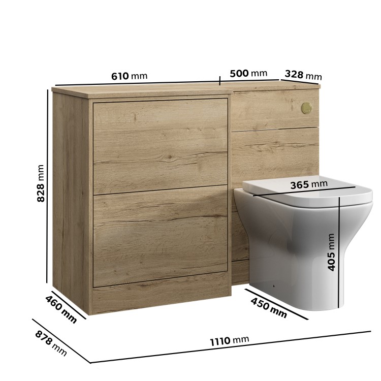 1100mm Wood Effect Left Hand Toilet and Sink Unit with Square Toilet and Brushed Brass Push Button- Palma