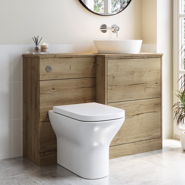 1100mm Wood Effect Right Hand Toilet and Sink Unit with Triangular Basin and Chrome Push Button - Palma