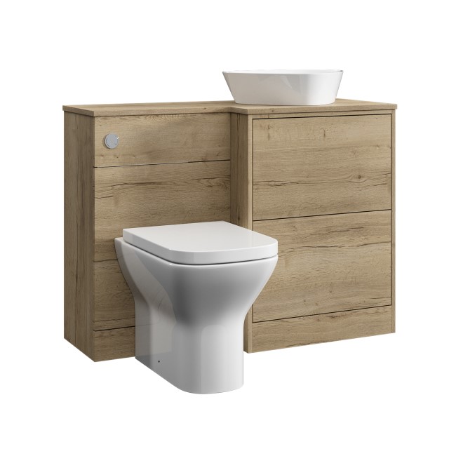 1100mm Wood Effect Right Hand Toilet and Sink Unit with Triangular Basin and Chrome Push Button - Palma