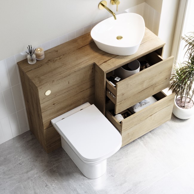 1100mm Wood Effect Right Hand Toilet and Sink Unit with Triangular Basin and Brushed Brass Push Button - Palma