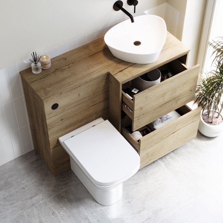 1100mm Wood Effect Right Hand Toilet and Sink Unit with Triangular Basin and Matt Black Push Button - Palma