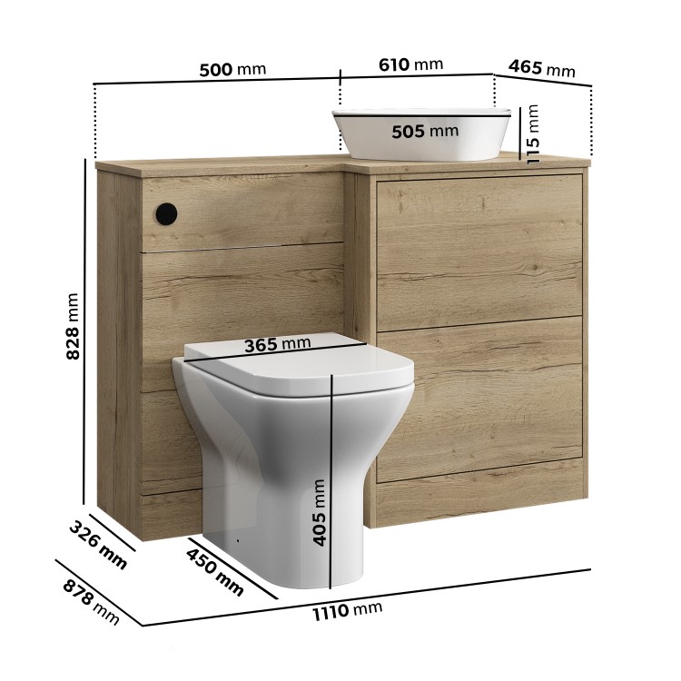 1100mm Wood Effect Right Hand Toilet and Sink Unit with Triangular Basin and Matt Black Push Button - Palma