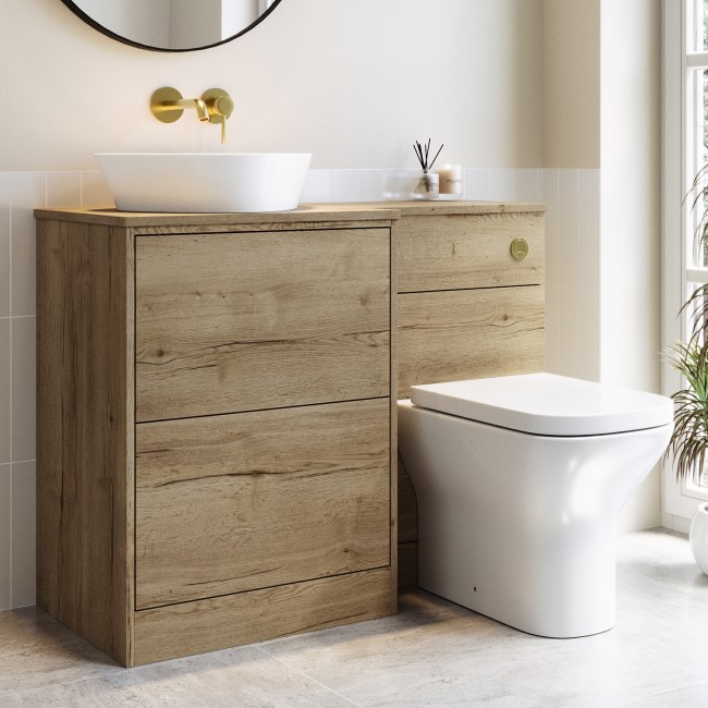 1100mm Wood Effect Left Hand Toilet and Sink Unit with Triangular Basin and Brushed Brass Push Button- Palma