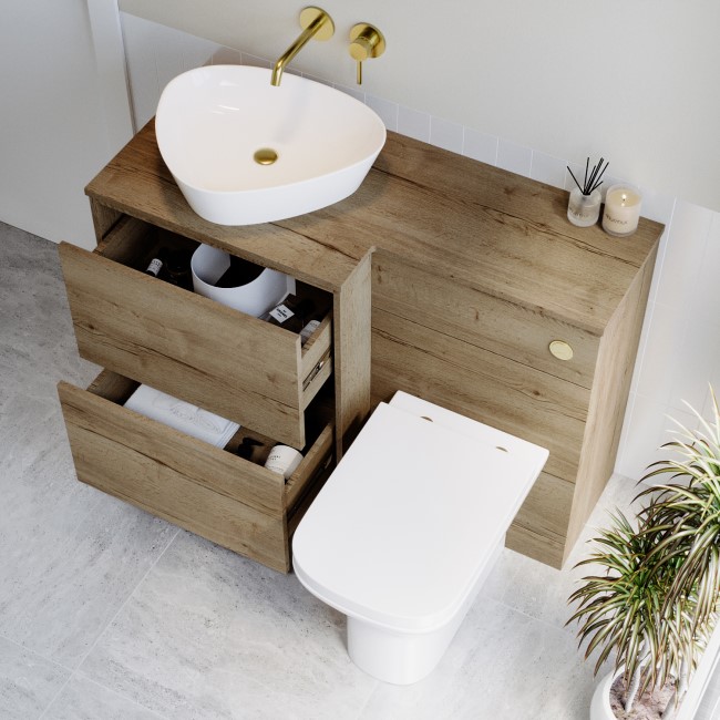 1100mm Wood Effect Left Hand Toilet and Sink Unit with Triangular Basin and Brushed Brass Push Button- Palma