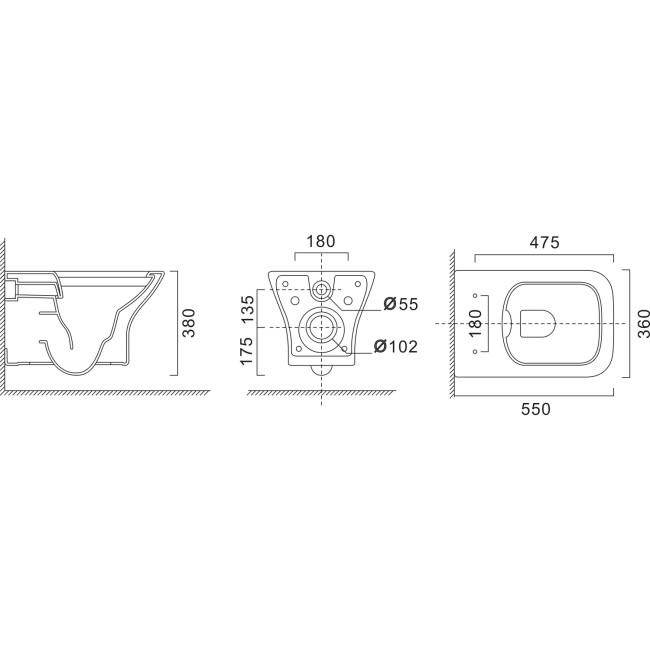 Palma Wall Hung Toilet 1160mm Pneumatic Frame & Cistern & White Glass Flush Plate