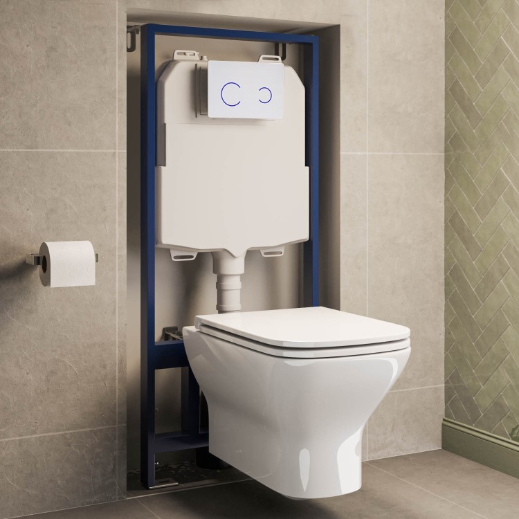 Palma Wall Hung Toilet 1160mm Pneumatic Frame & Cistern & White Glass Flush Plate