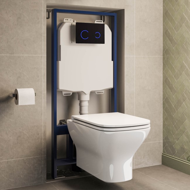 Palma Wall Hung Toilet 1160mm Pneumatic Frame & Cistern & Black Glass Flush Plate