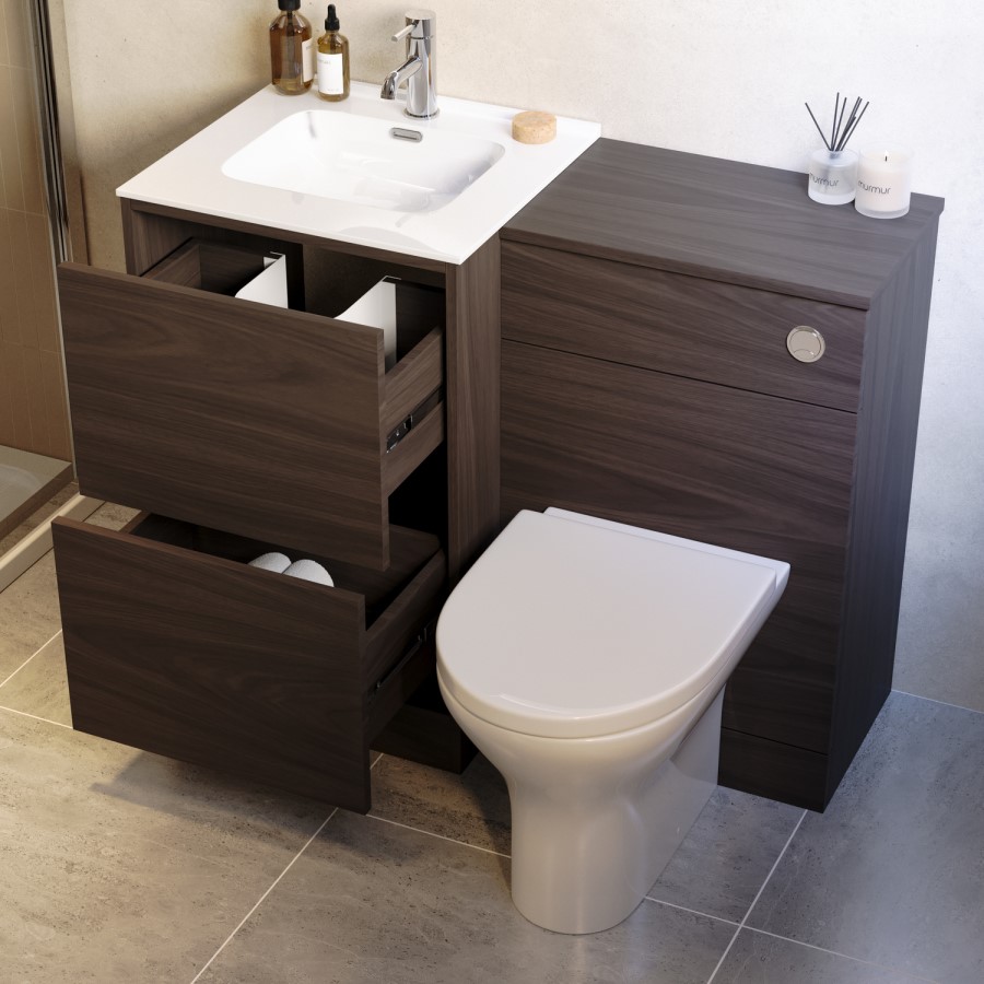 1000mm Walnut Wood Effect Toilet and Sink Unit with Round Toilet and Chrome Push Button - Palma