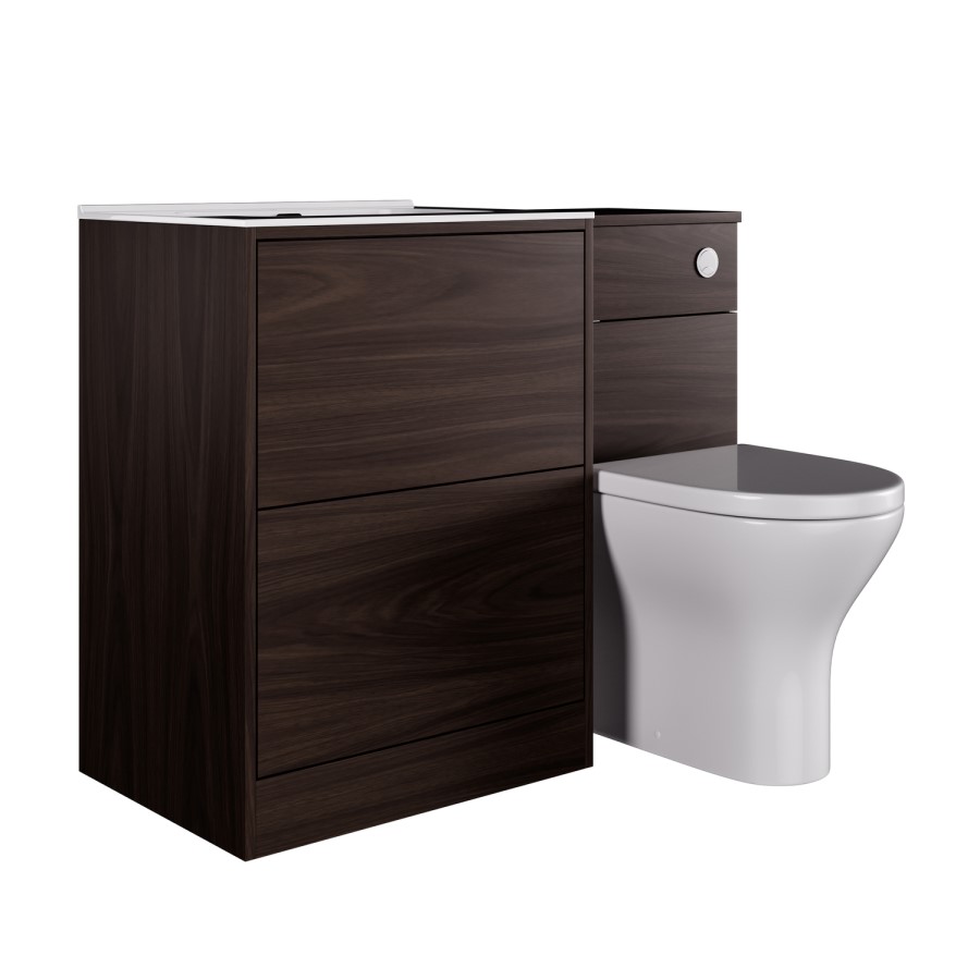 1100mm Walnut Wood Effect Toilet and Sink Unit with Round Toilet and Chrome Push Button - Palma