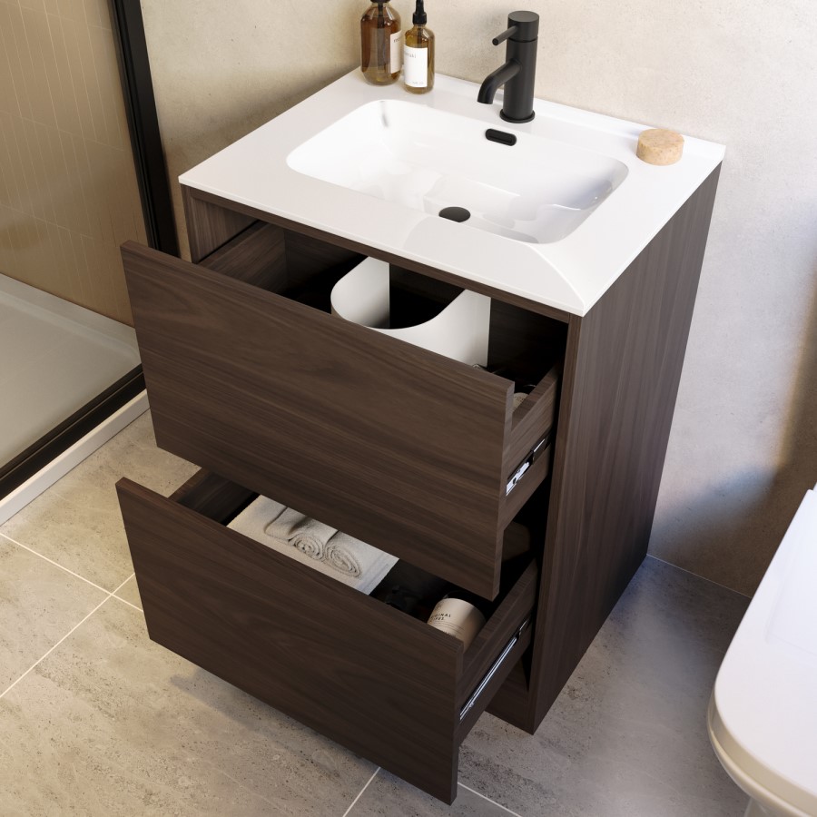 600mm Walnut Effect Freestanding Vanity Unit with Basin - Palma